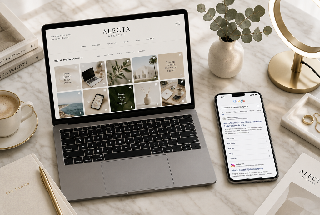 Luxury flat-lay with a laptop showing the Alecta Digital website and a smartphone showing a Google search results page