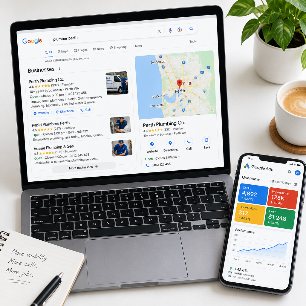 Laptop showing Google search results for a Perth plumber next to a smartphone showing a Google Ads performance dashboard